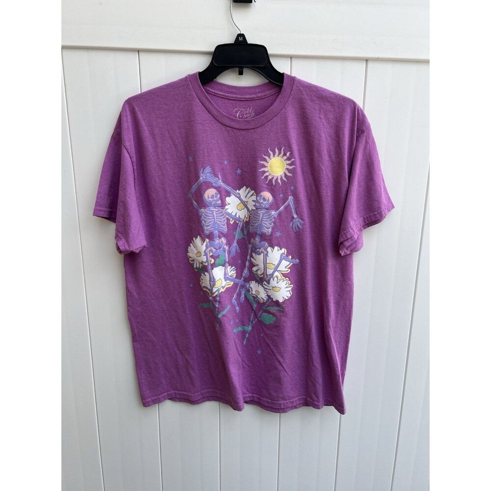 Gold Rush Women’s Graphic Tee Size XL Purple Skeletons Floral Short Sleeve